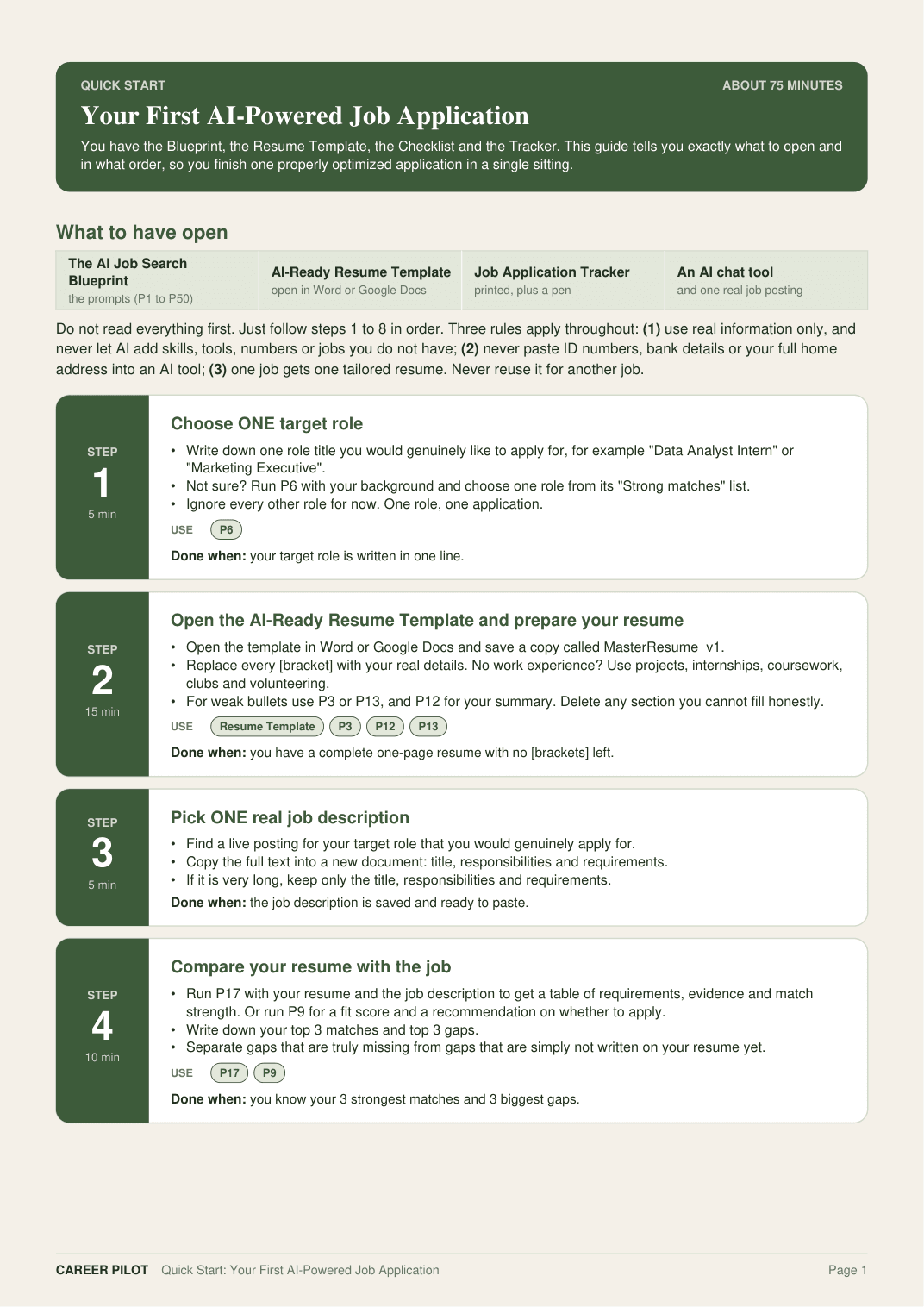 Quick Start guide page for a tailored application